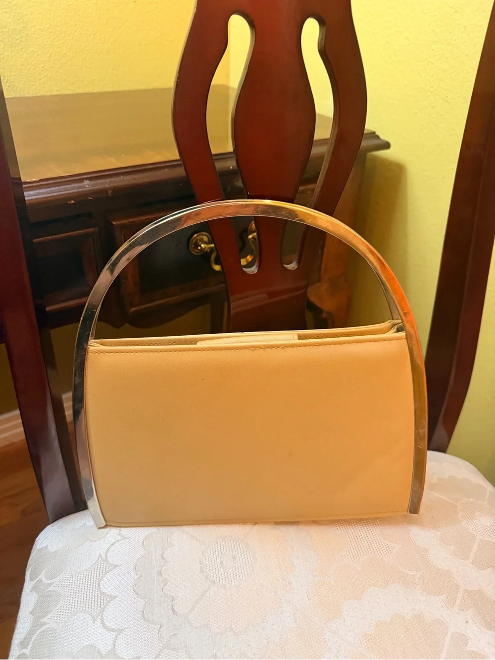 Cream Top-Handle Clutch with Metal Frame